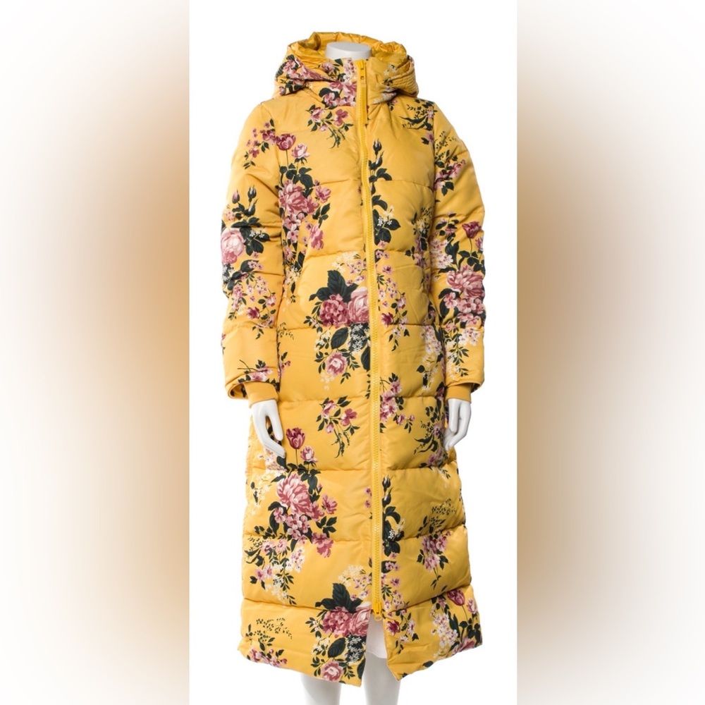 Reformation + Canada Goose Metallic Mystique Parka Coat, Yellow Floral, NWT